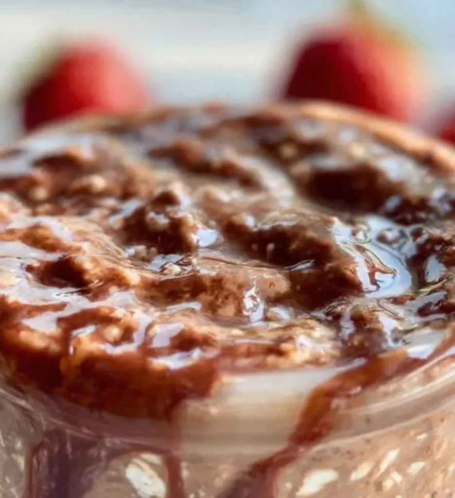 A bowl of chocolate overnight oats topped with fruit and nuts