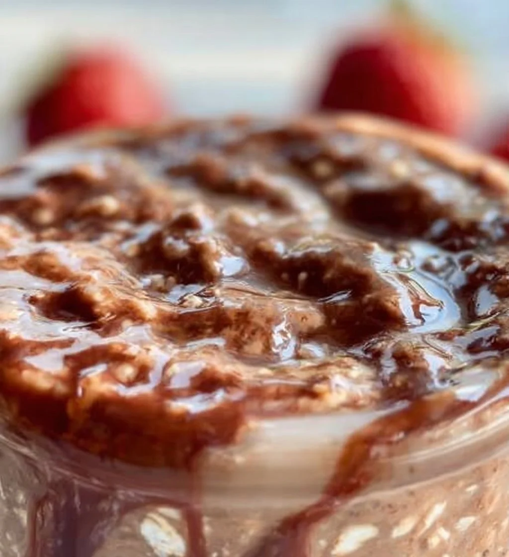 A bowl of chocolate overnight oats topped with fruit and nuts