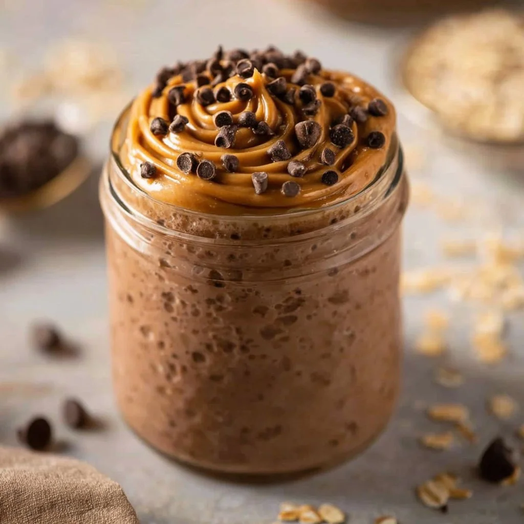 Chocolate peanut butter overnight oats in a jar with toppings