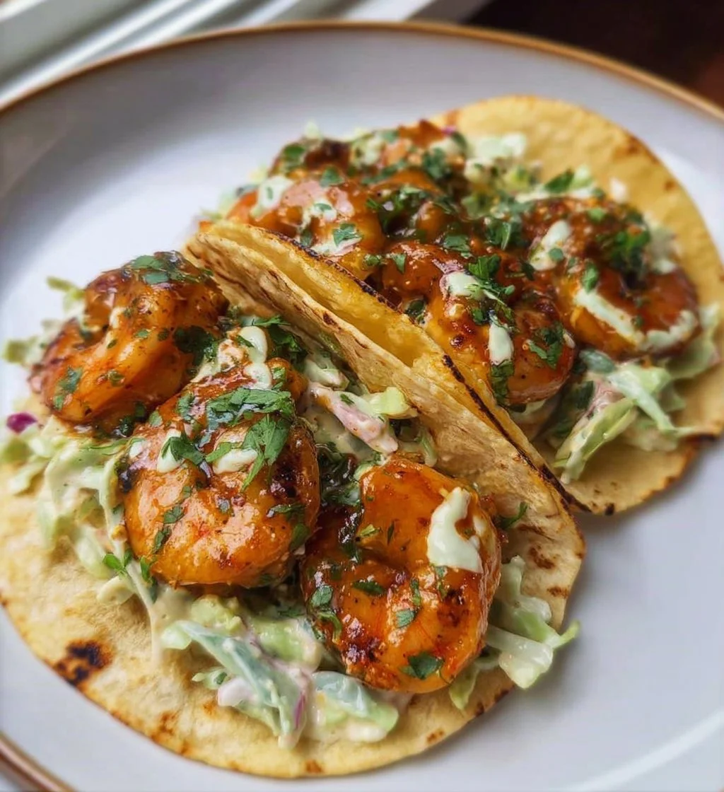 Cilantro lime shrimp tacos with creamy slaw on a plate