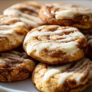 Delicious cinnamon roll cheesecake cookies freshly baked on a plate