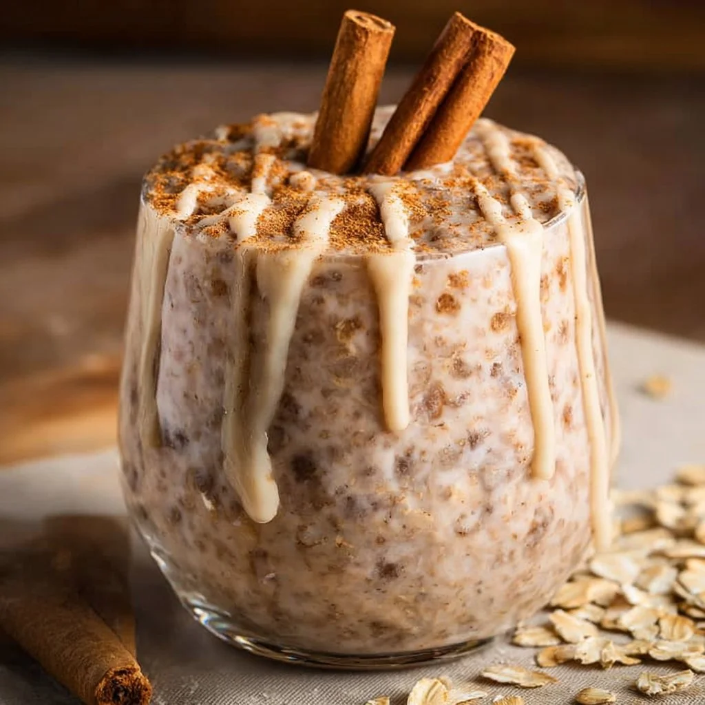 Delicious cinnamon roll overnight oats topped with cinnamon and pecans.