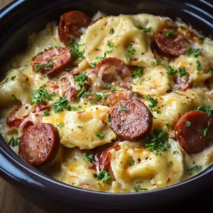 Classic Crockpot Pierogi Casserole with Kielbasa served in a bowl