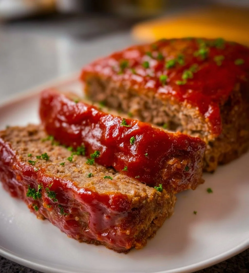 A delicious slice of Classic Keto Meatloaf served with vegetables