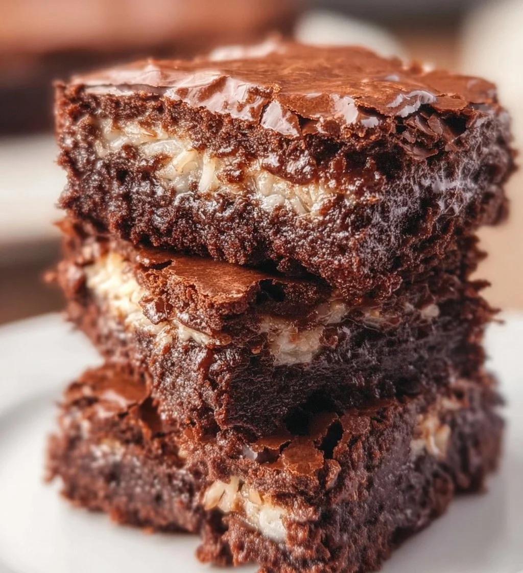 Delicious homemade Coconut Brownies topped with shredded coconut and chocolate.