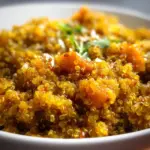 Bowl of coconut curry quinoa garnished with fresh herbs