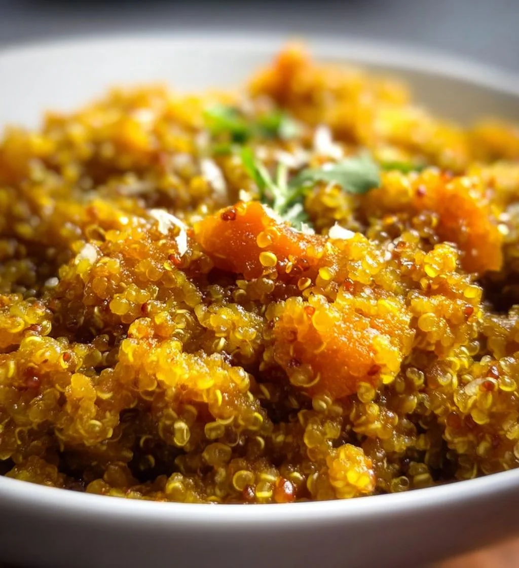 Bowl of coconut curry quinoa garnished with fresh herbs