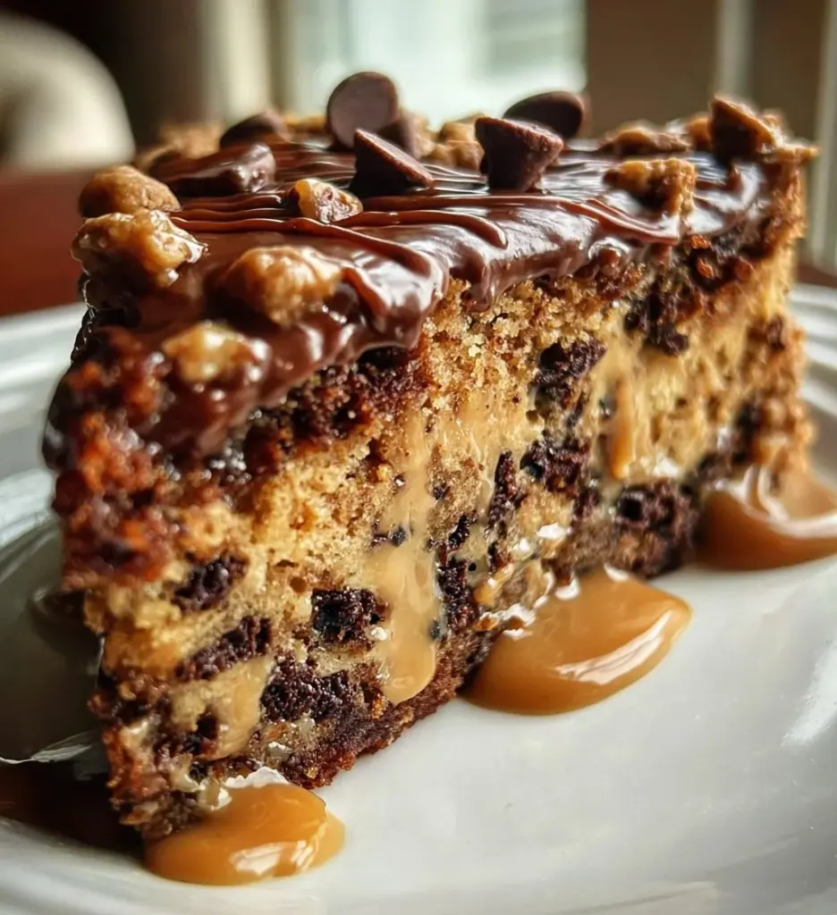 Delicious Cookie Dough Cake with chocolate chips and creamy frosting