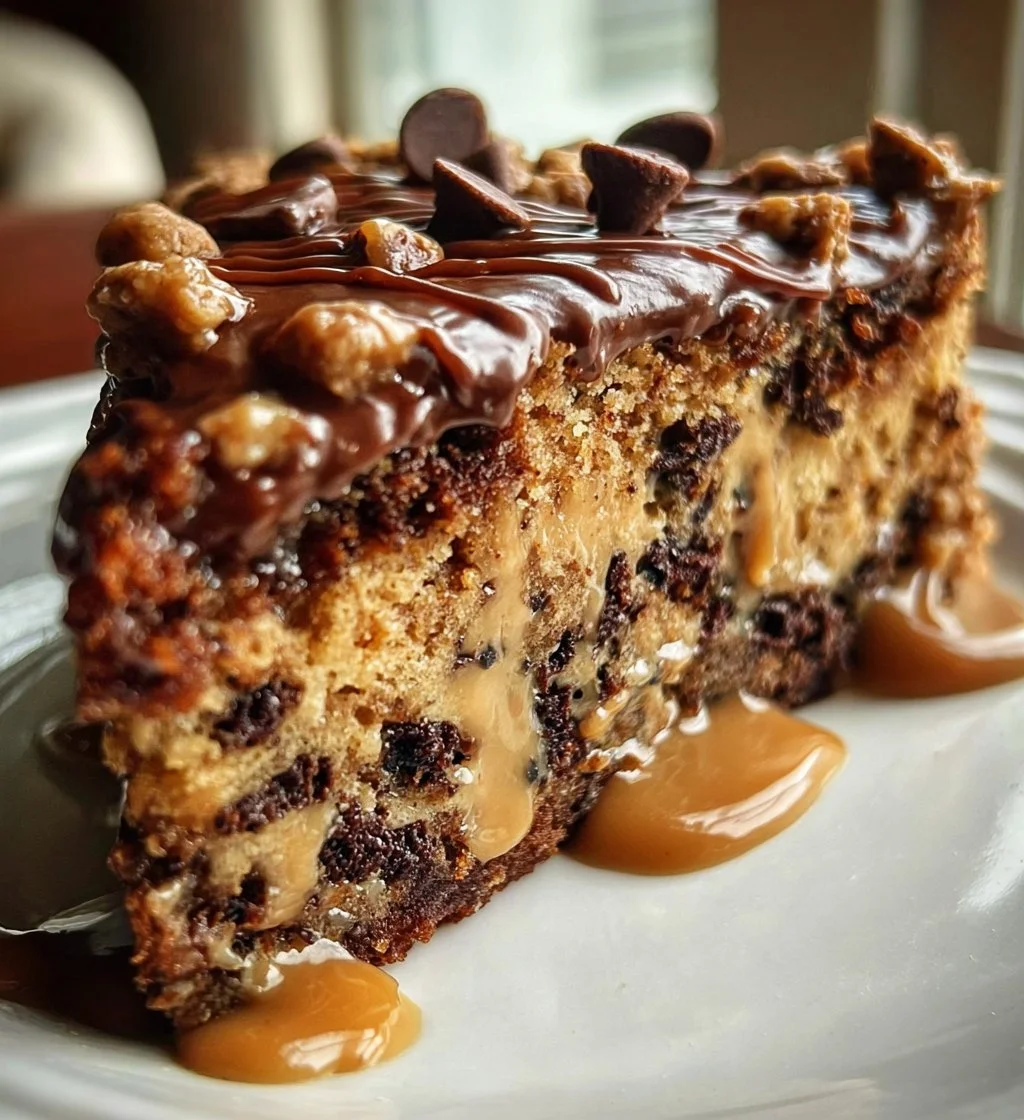 Delicious Cookie Dough Cake with chocolate chips and creamy frosting