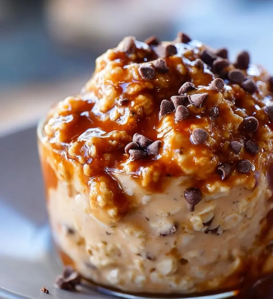 Delicious cookie dough overnight oats topped with chocolate chips and nuts