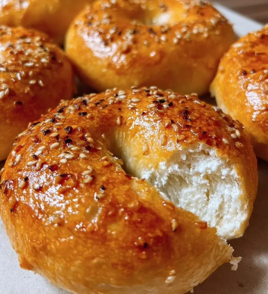 Freshly baked cottage cheese bagels topped with sesame seeds
