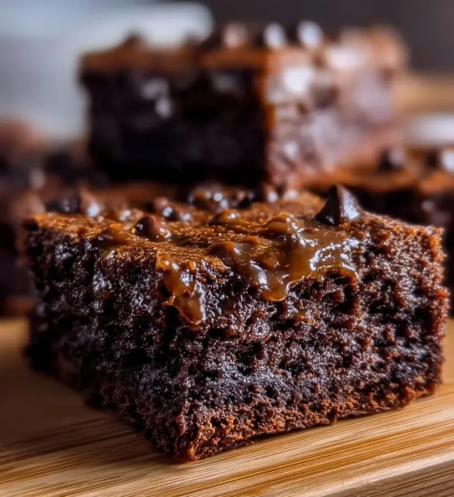 Delicious cottage cheese brownies topped with chocolate icing on a white plate.