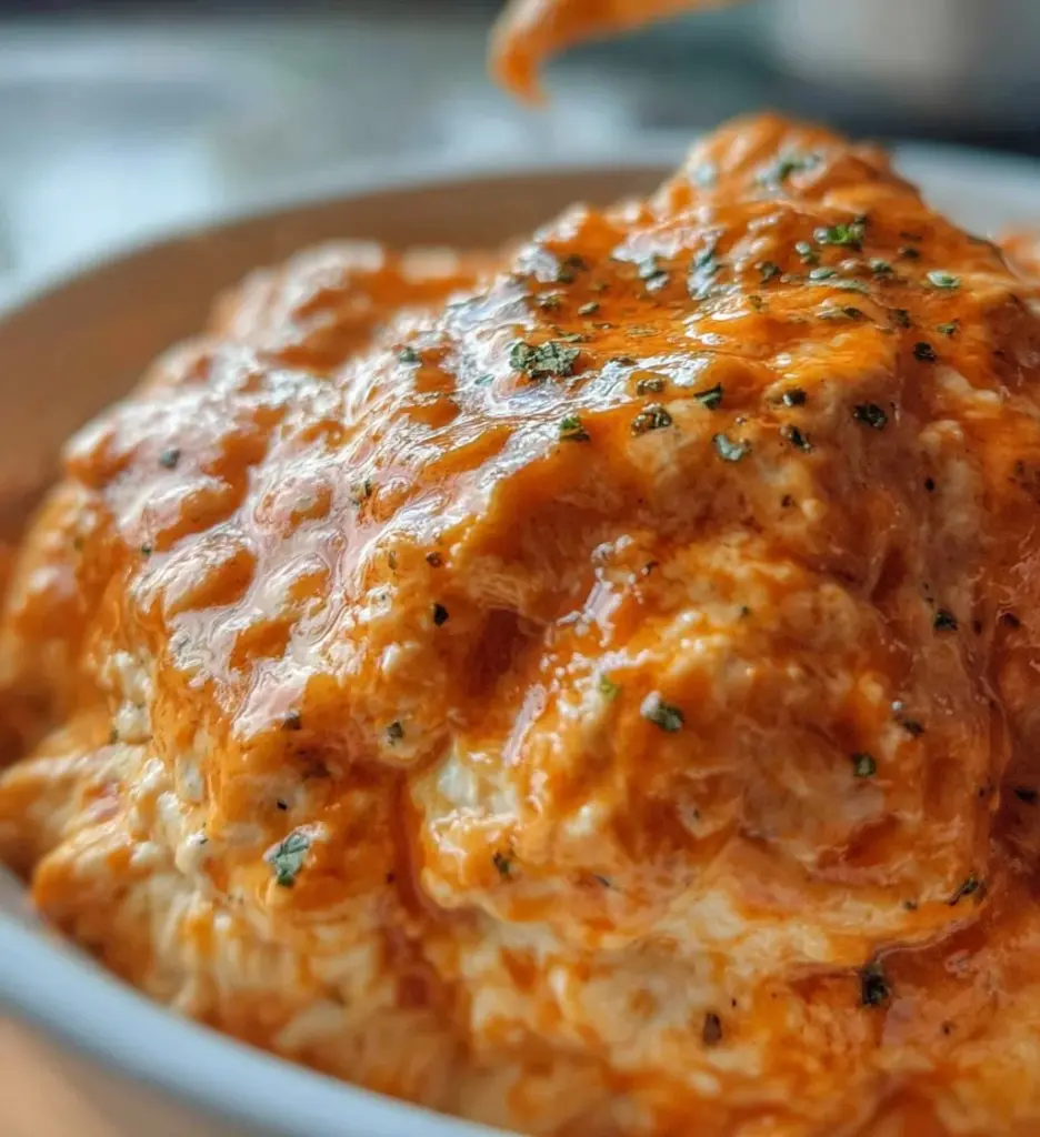Cottage Cheese Buffalo Chicken Dip in a serving bowl with tortilla chips