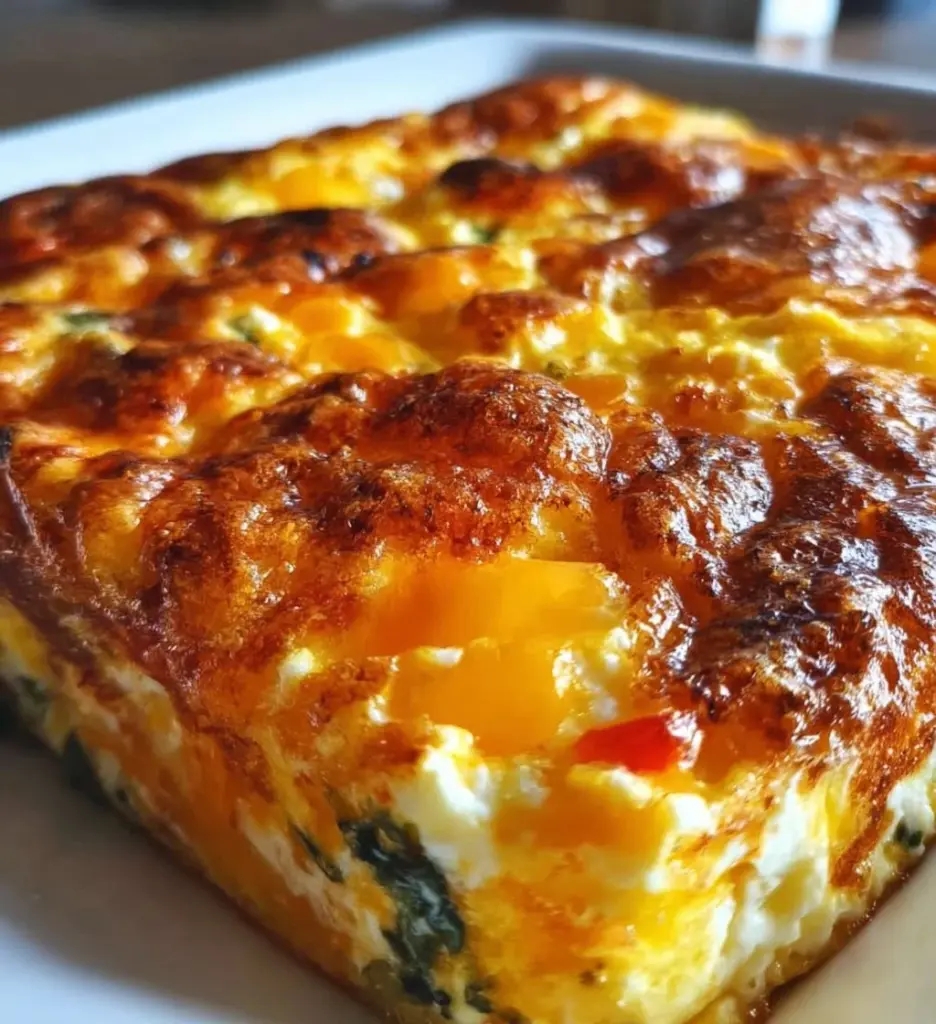 Cottage cheese egg bake served in a dish with fresh herbs and vegetables