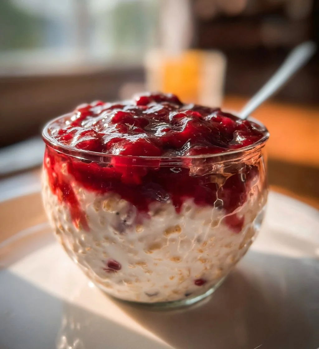 Bowl of cottage cheese overnight oats topped with fruits and nuts