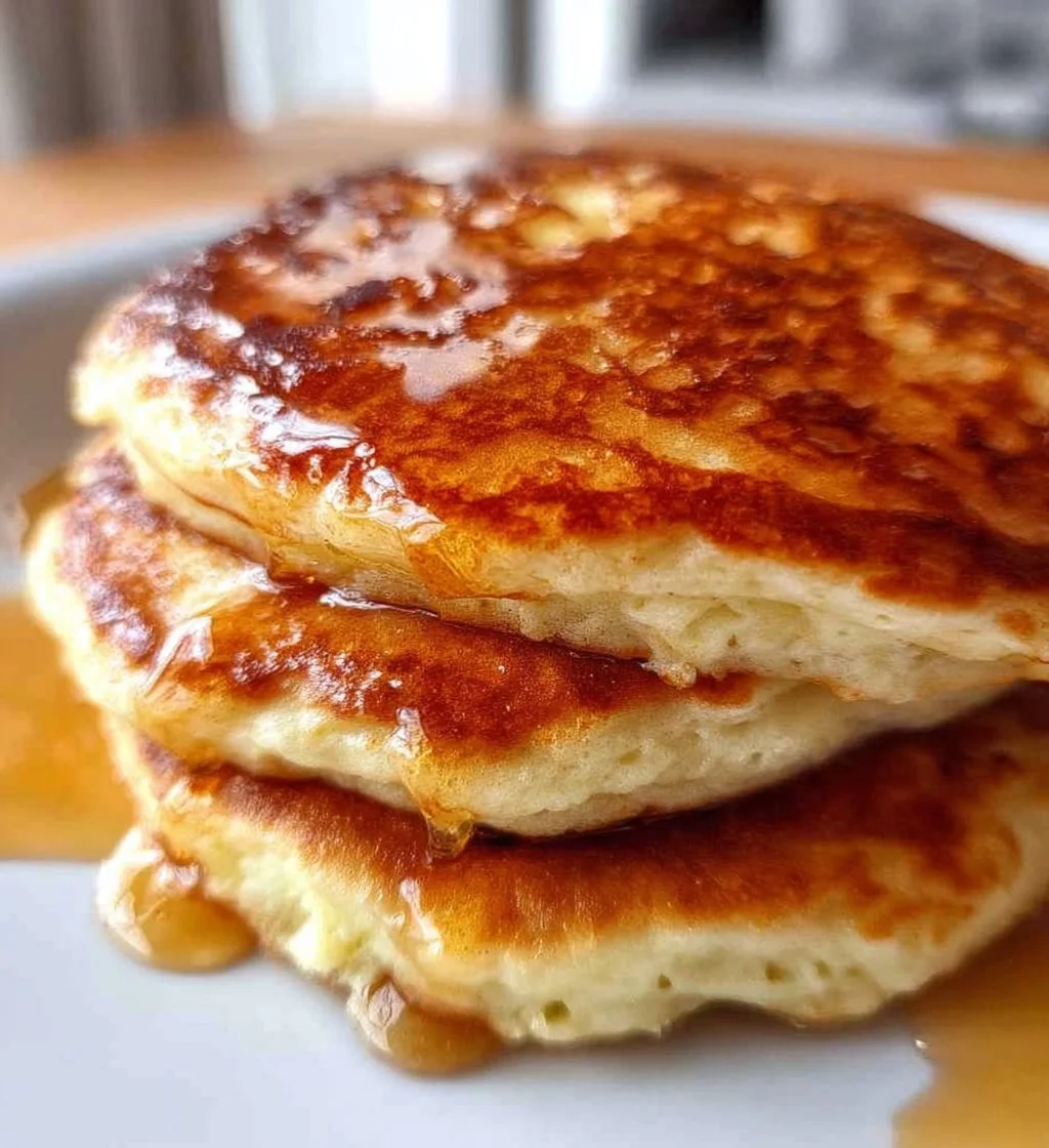 Fluffy Cottage Cheese Pancakes served with fresh fruit and syrup