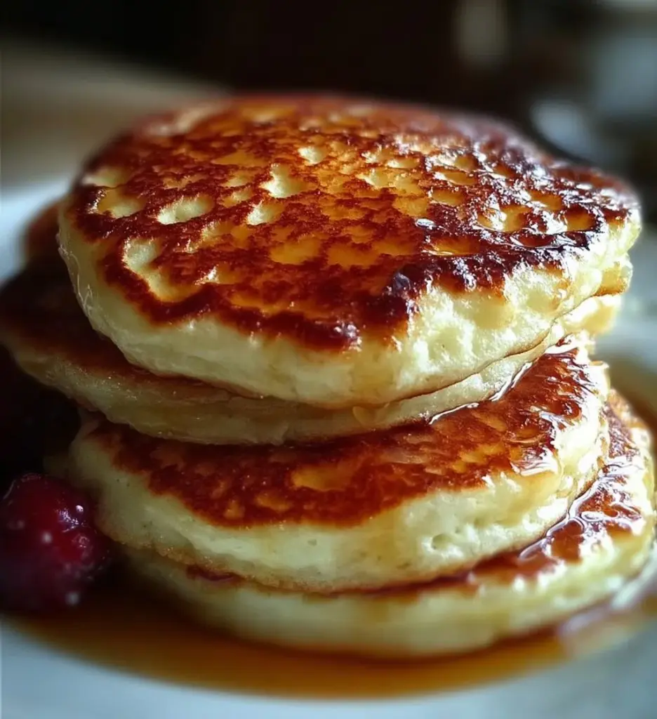 Fluffy cottage cheese pancakes served with fruit and syrup on a plate