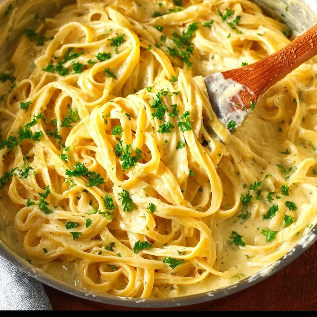 Creamy cottage cheese pasta sauce served over fresh pasta with herbs.