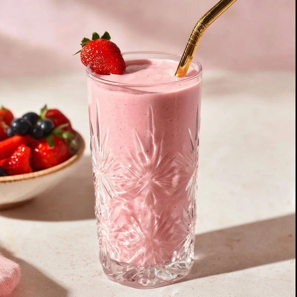 Cottage cheese smoothie in a glass with fresh fruits and a straw