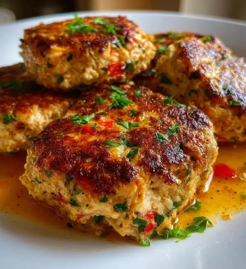 Delicious cottage cheese tuna cakes served on a plate with fresh herbs.