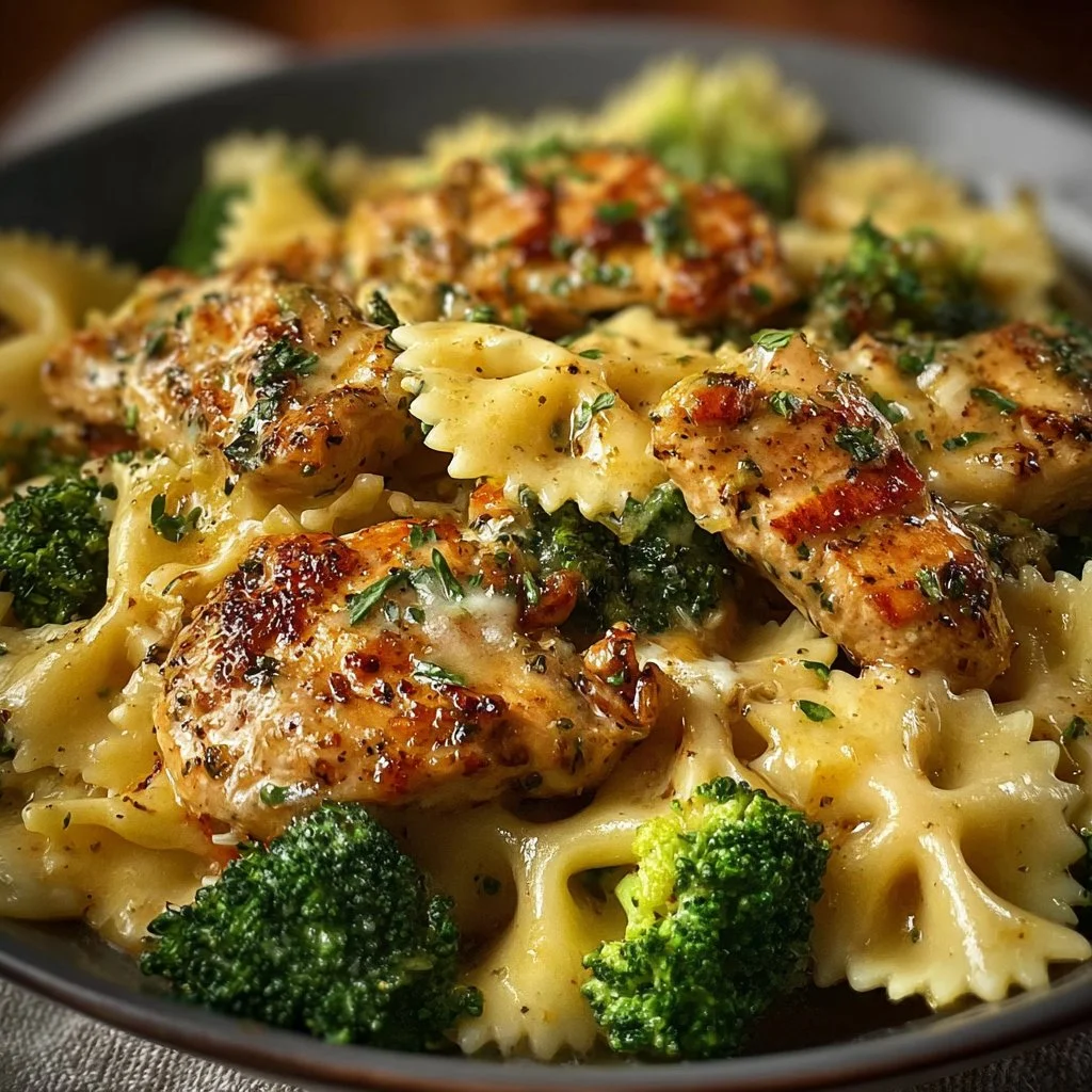 Cowboy Butter Lemon Bowtie Chicken with Broccoli served on a plate