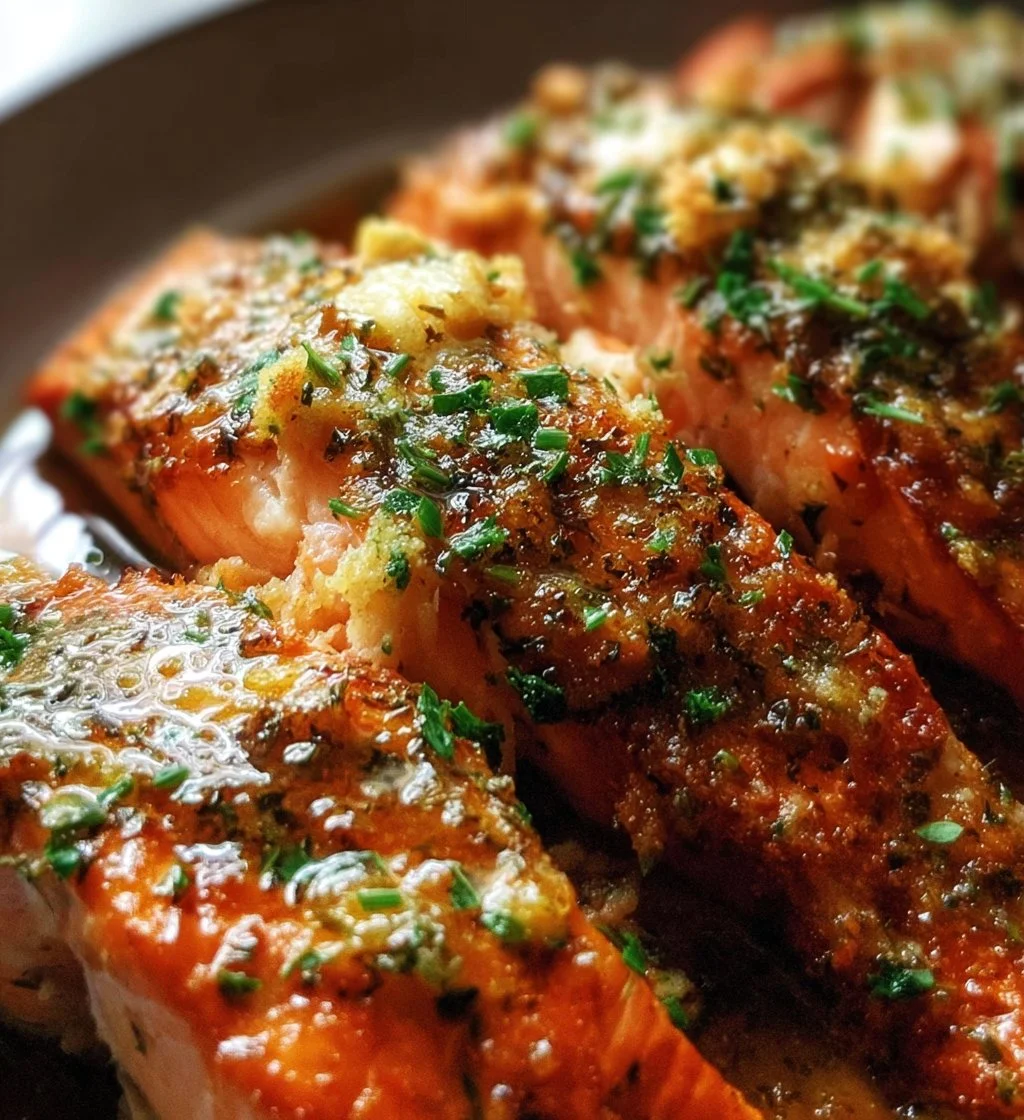 Delicious Crab Stuffed Salmon served with fresh herbs and lemon