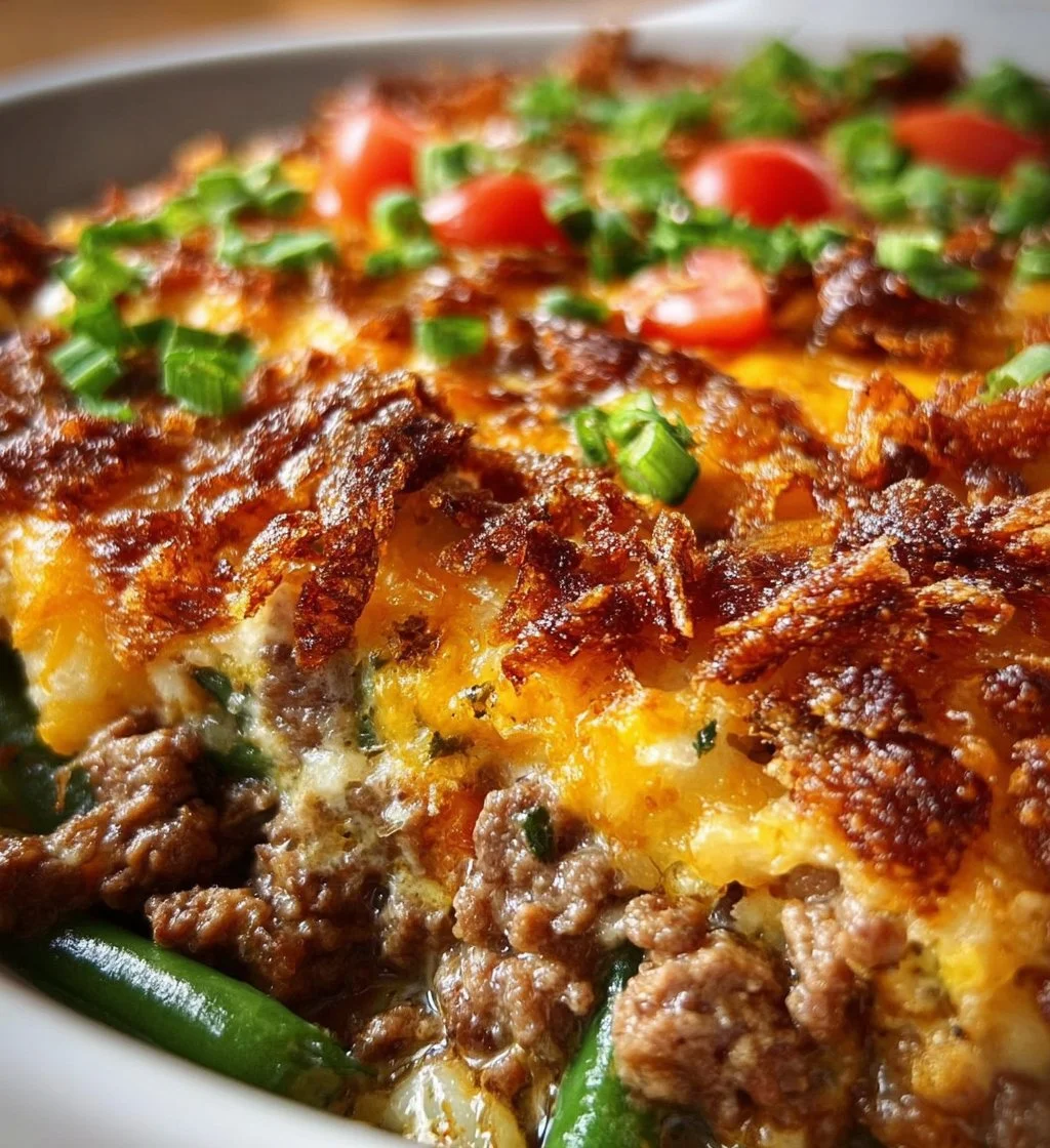 Creamy and crispy hamburger casserole in a baking dish ready to serve