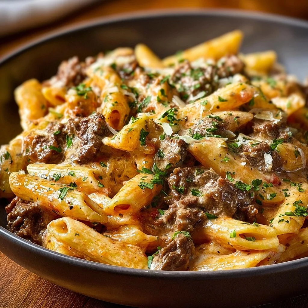 Creamy beef pasta with herbs and cheese served in a bowl