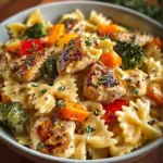 Creamy cheddar havarti chicken bowtie pasta dish with roasted vegetables