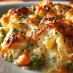 Creamy cheesy potato and veggie bake dish served in a bowl