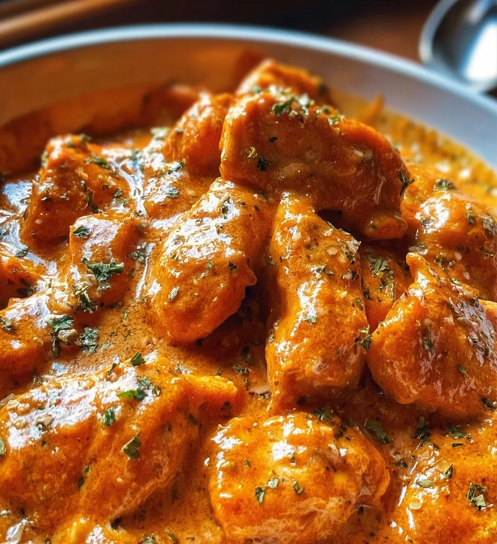 Creamy Chicken Paprikash served with noodles and garnished with parsley