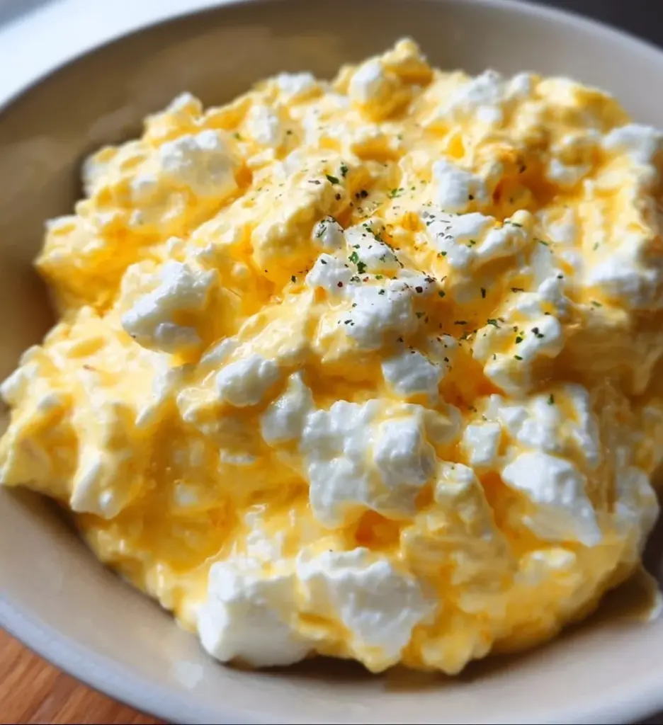 Creamy cottage cheese egg salad served in a bowl with fresh herbs.