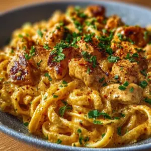 Creamy cowboy butter chicken pasta topped with herbs and spices in a bowl