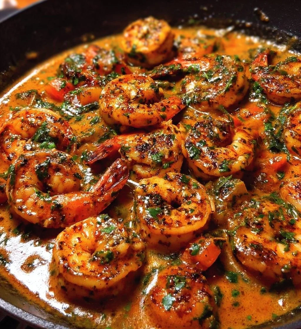Creamy garlic-paprika shrimp skillet with fresh ingredients and creamy sauce