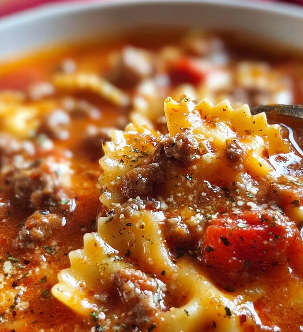 Bowl of creamy lasagna soup with sausage and ground beef topped with cheese