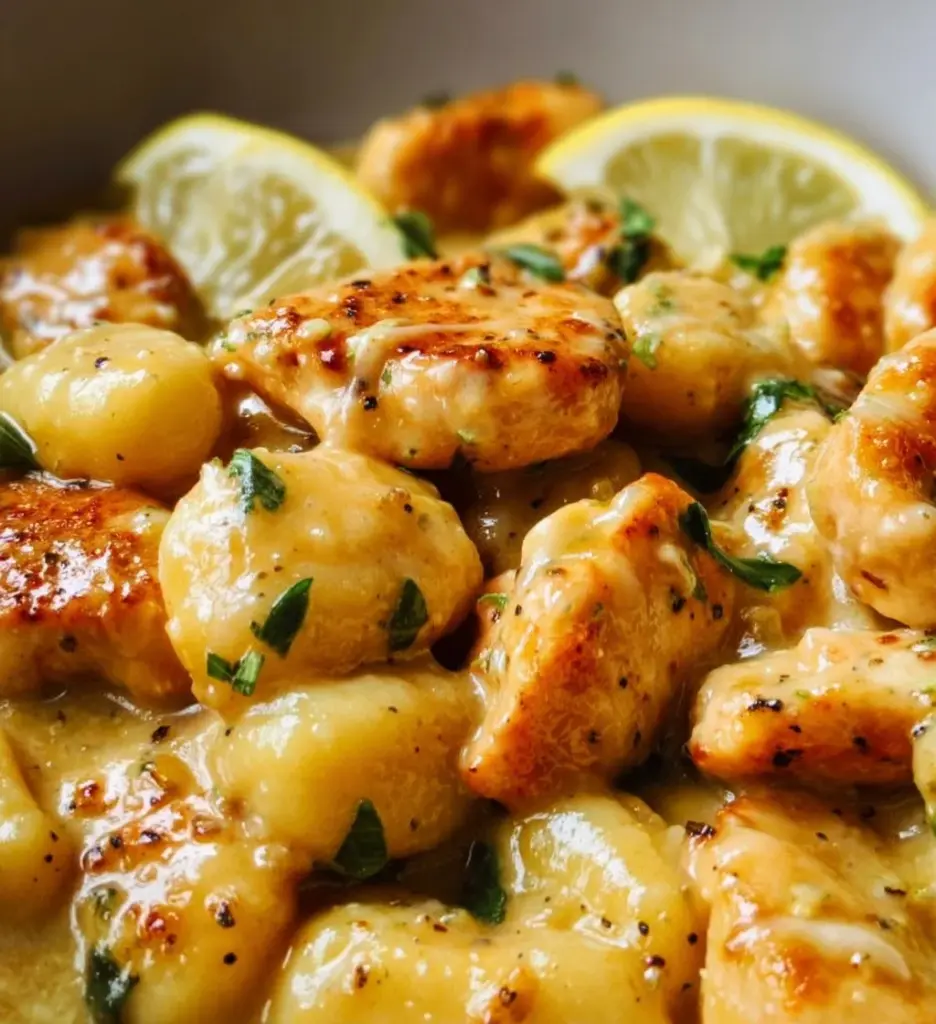Creamy Lemon Parmesan Chicken Gnocchi served in a bowl with garnishes