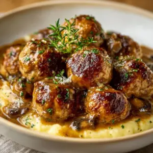 Creamy mushroom chicken meatballs served with fresh herbs.