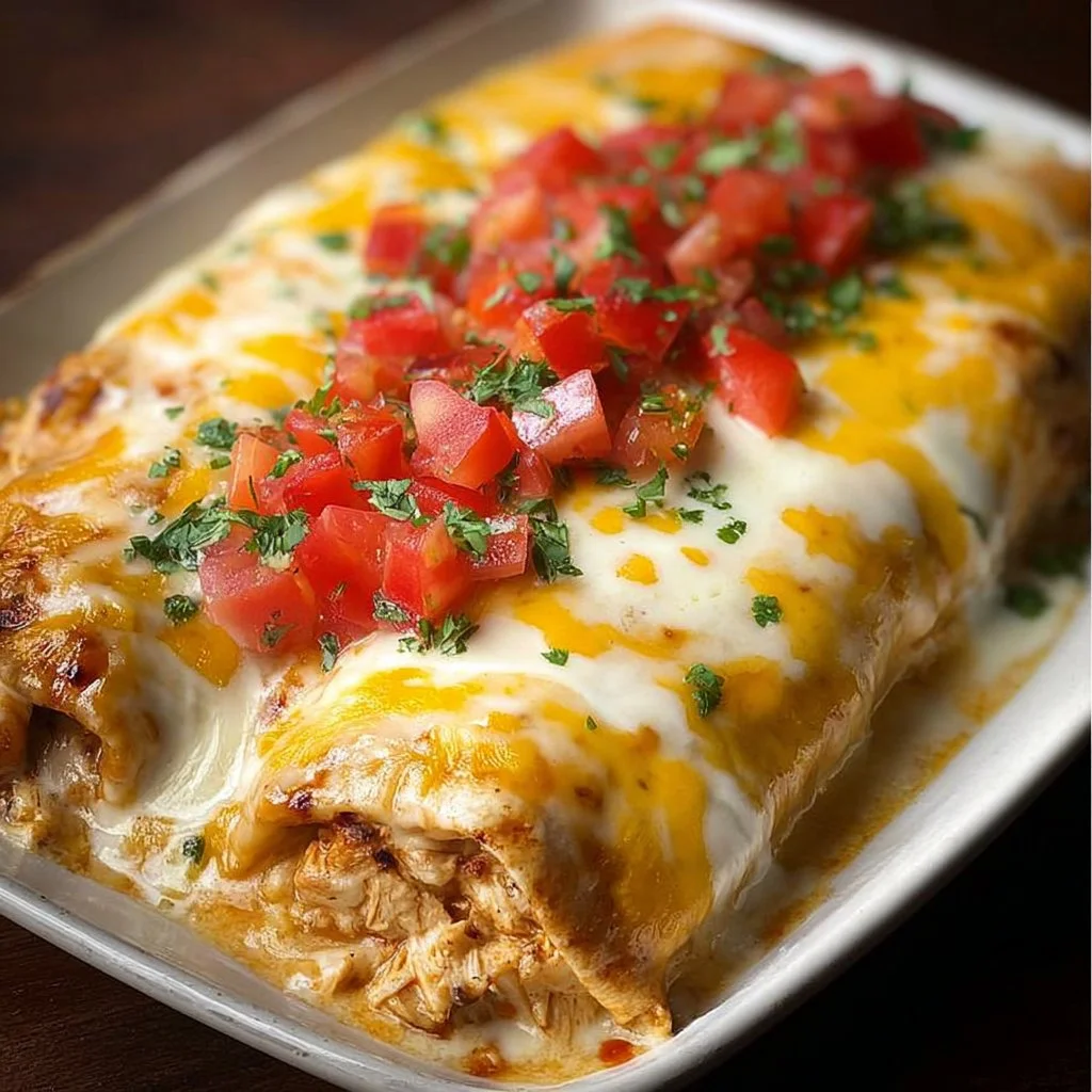 Creamy queso chicken enchiladas topped with melted cheese and fresh herbs