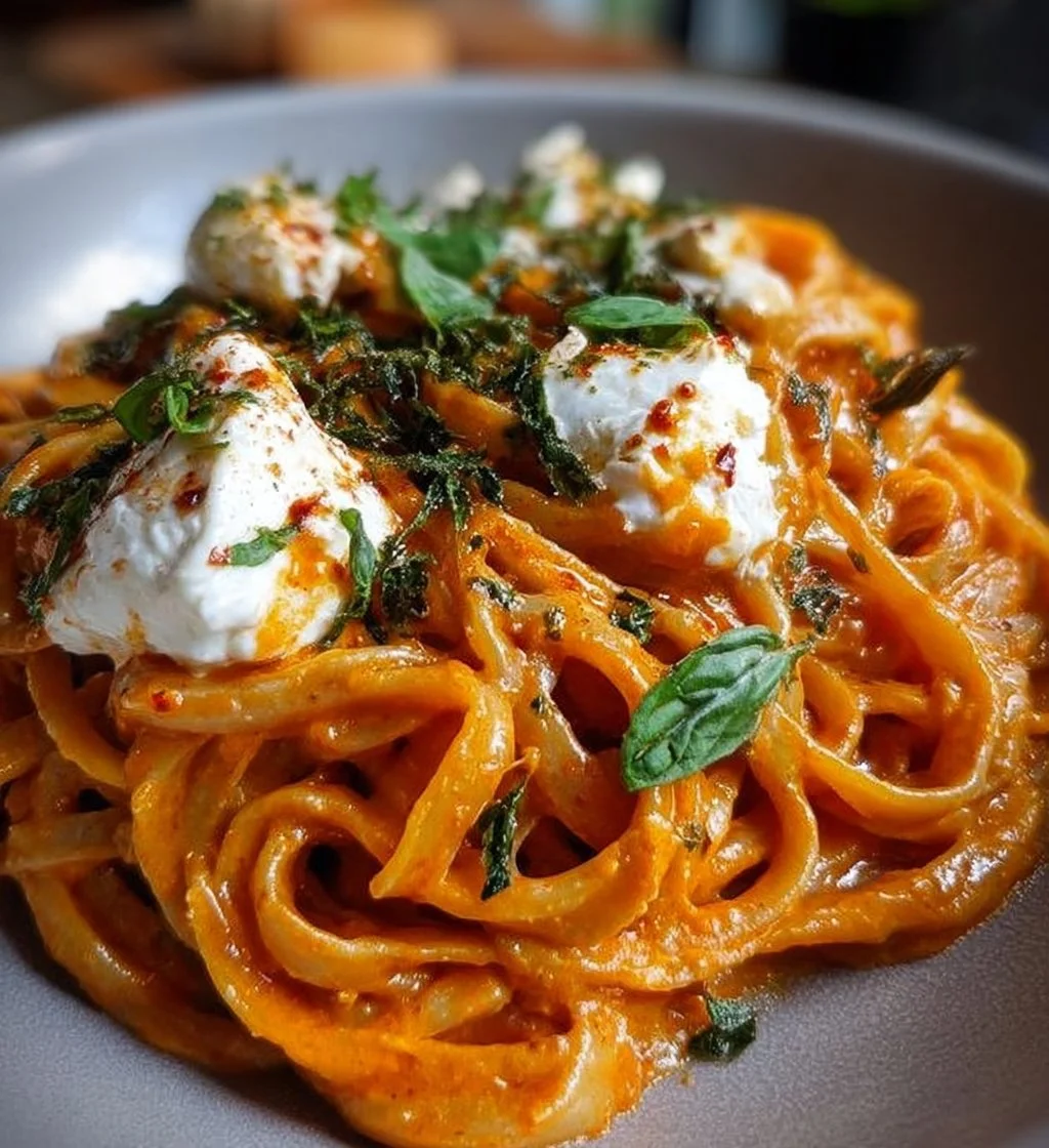 Creamy red pepper pasta with burrata and fresh herbs