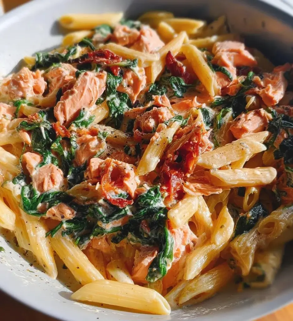 Creamy salmon pasta with sun-dried tomato cream sauce and fresh spinach