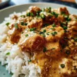 Delicious creamy smothered chicken served over rice in a bowl.