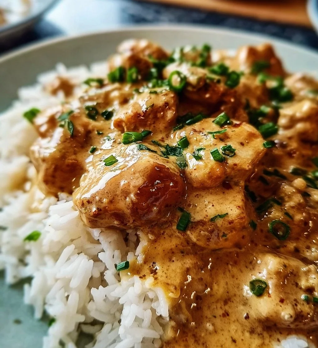 Delicious creamy smothered chicken served over rice in a bowl.