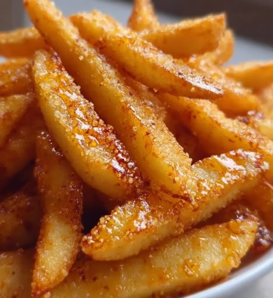 Crispy air fryer apple fries served in a bowl with a dipping sauce.
