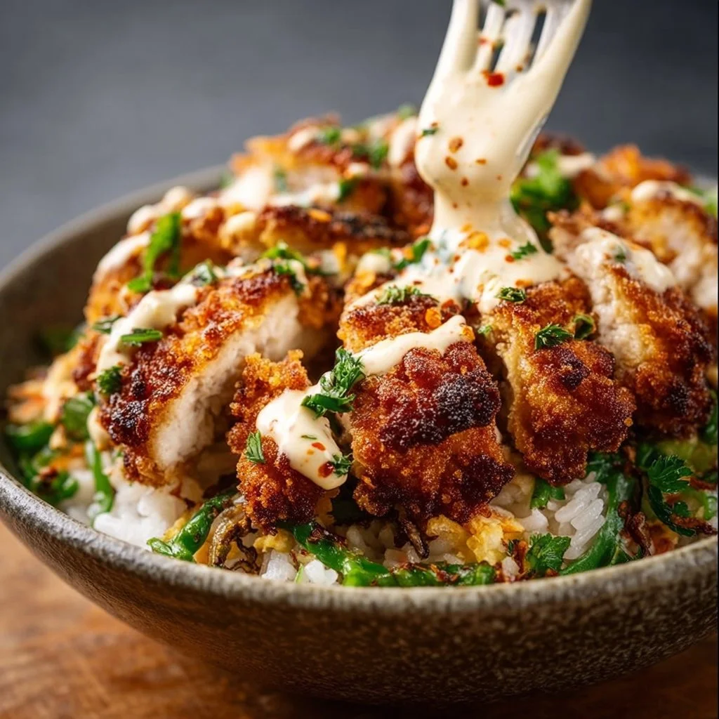 Delicious Crispy Cajun Chicken Rice Bowl with vibrant vegetables and spices