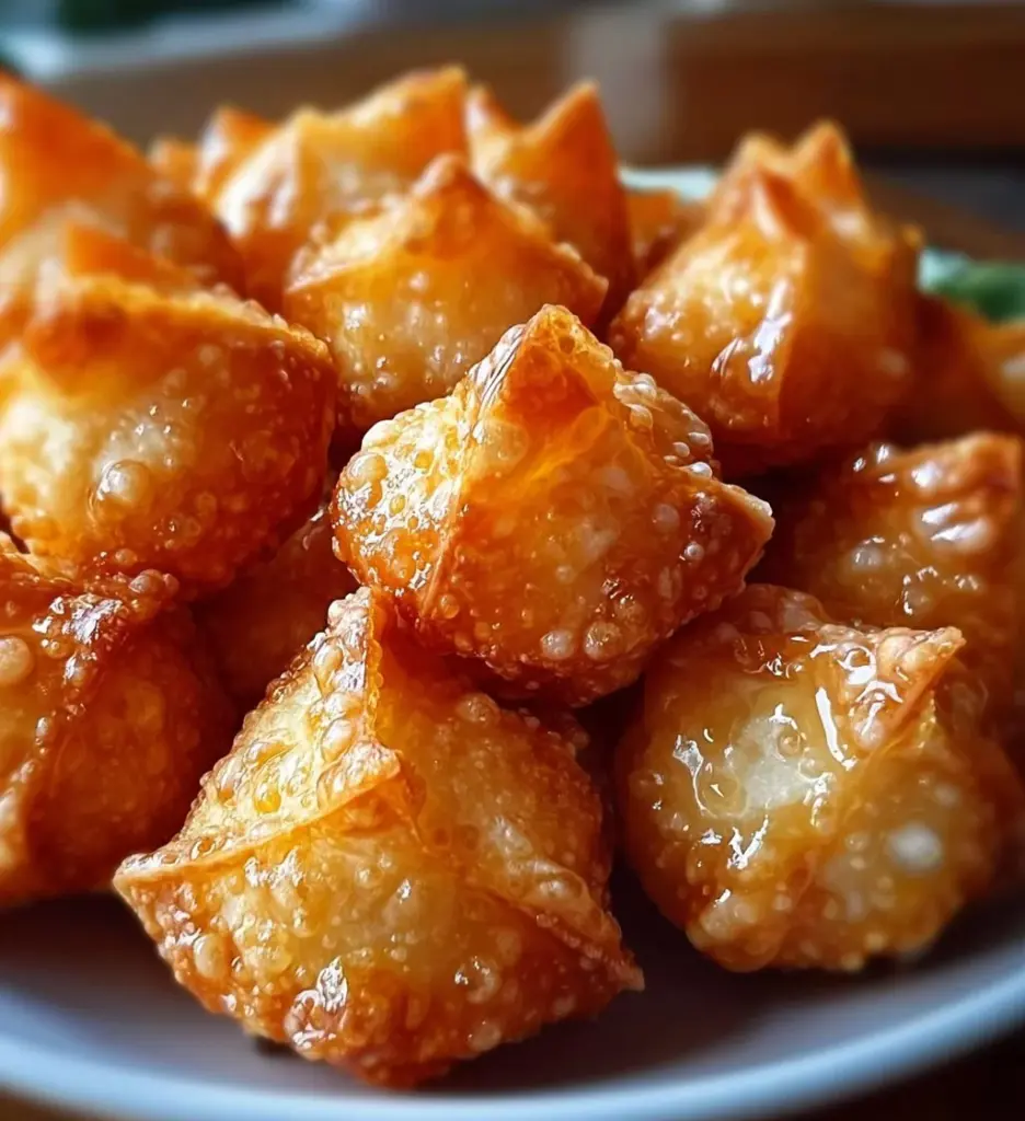 Crispy crab rangoon bombs served with a dipping sauce on a plate