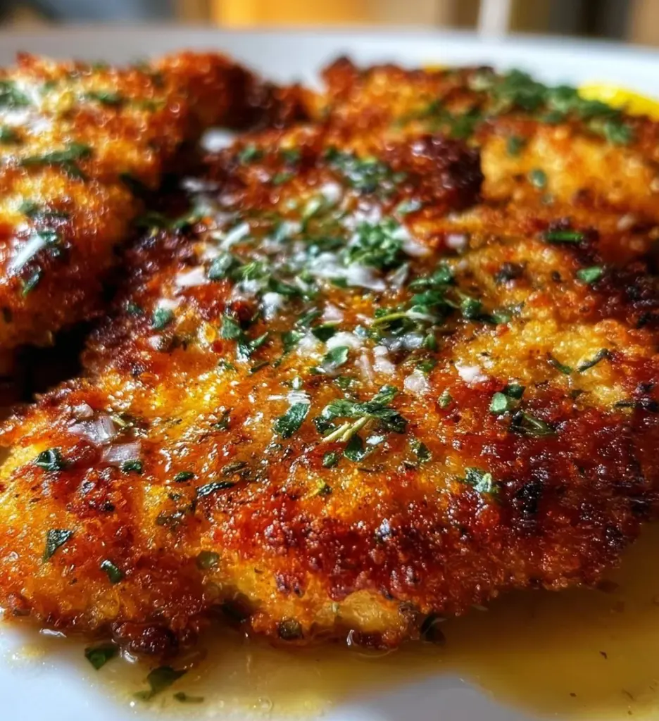 Deliciously crispy herb-infused Parmesan-Crusted Chicken on a plate.