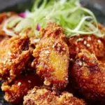 Plate of crispy Japanese fried chicken garnished with herbs and served with dipping sauce