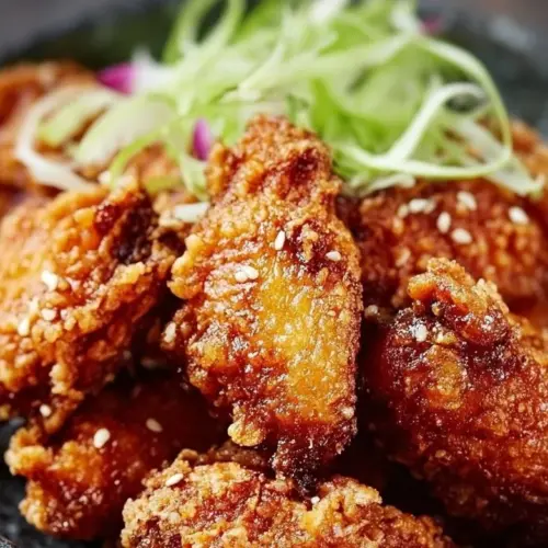 Plate of crispy Japanese fried chicken garnished with herbs and served with dipping sauce