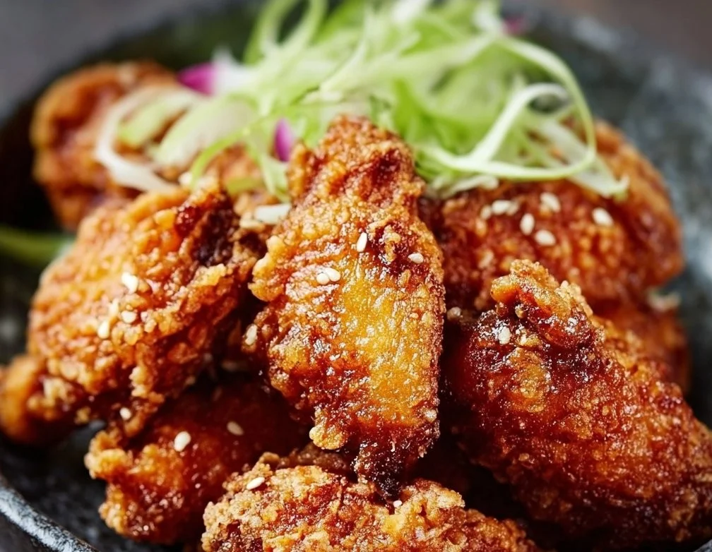 Plate of crispy Japanese fried chicken garnished with herbs and served with dipping sauce