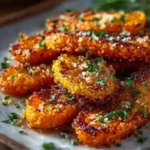 Crispy smashed carrots served on a plate with herbs and seasoning.